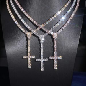 5 MM Moissanite Oval Cut Cross Pendant Tennis Chain